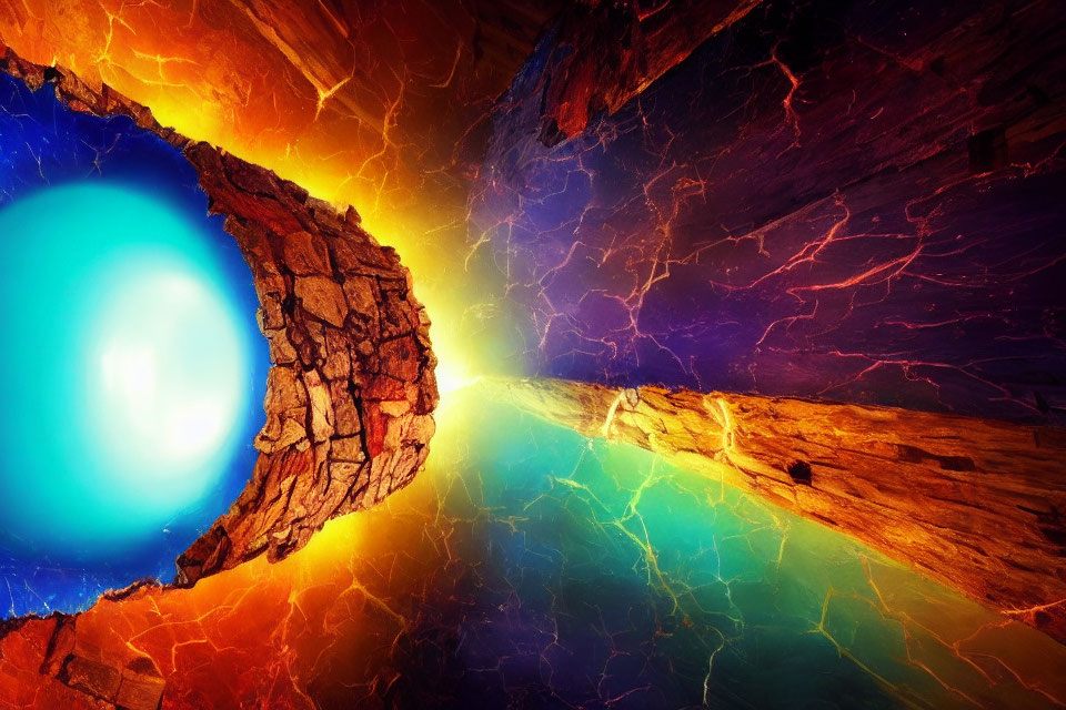 Colorful digital artwork: Glowing blue sphere in crack-lined crevice