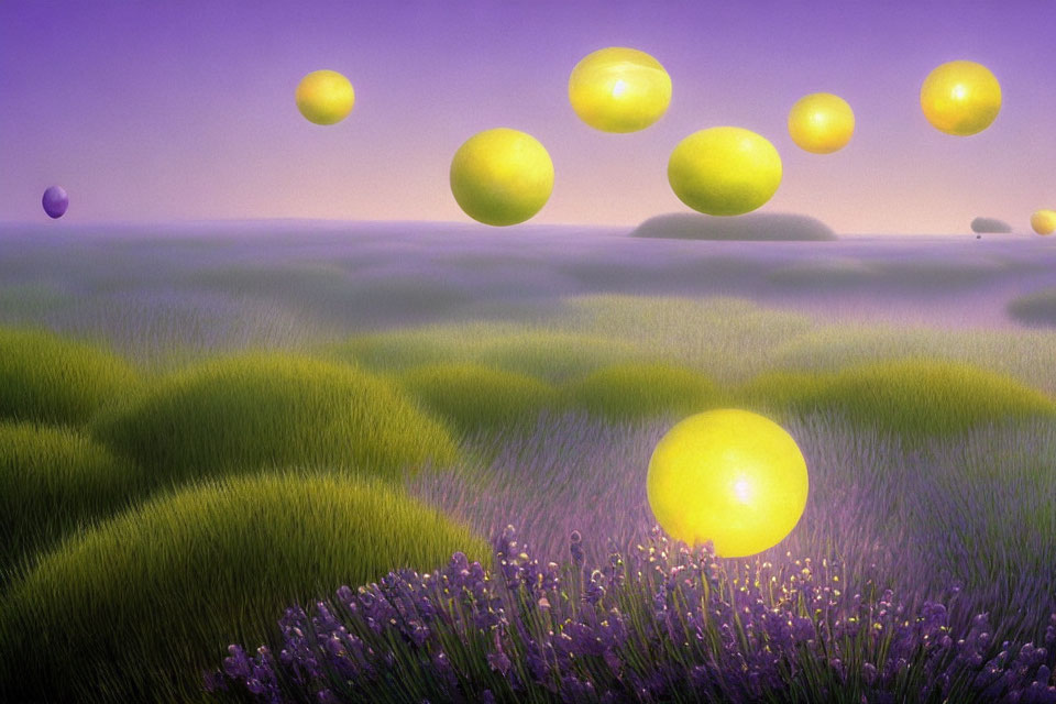 Fantastical landscape with glowing orbs, purple flowers, and green grass
