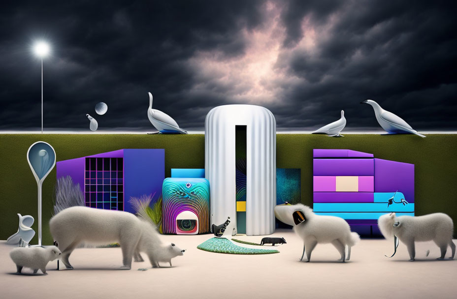 Surreal landscape with polar bears, birds, geometric structures, and stormy sky