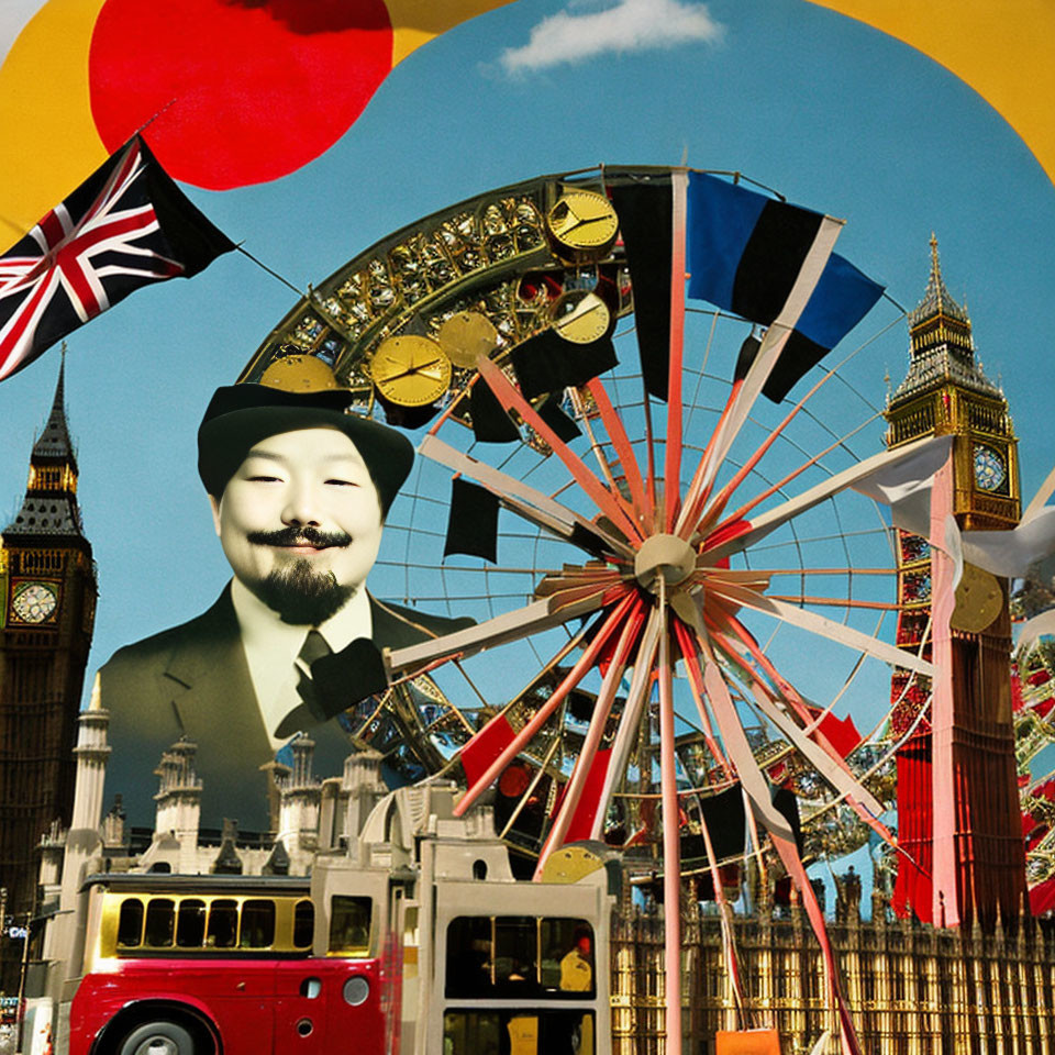 London Icons Collage with Big Ben, Red Bus, Flags, Ferris Wheel, and Smiling