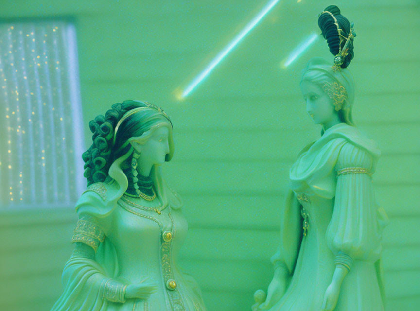 Classical figurines under green lighting with intricate design