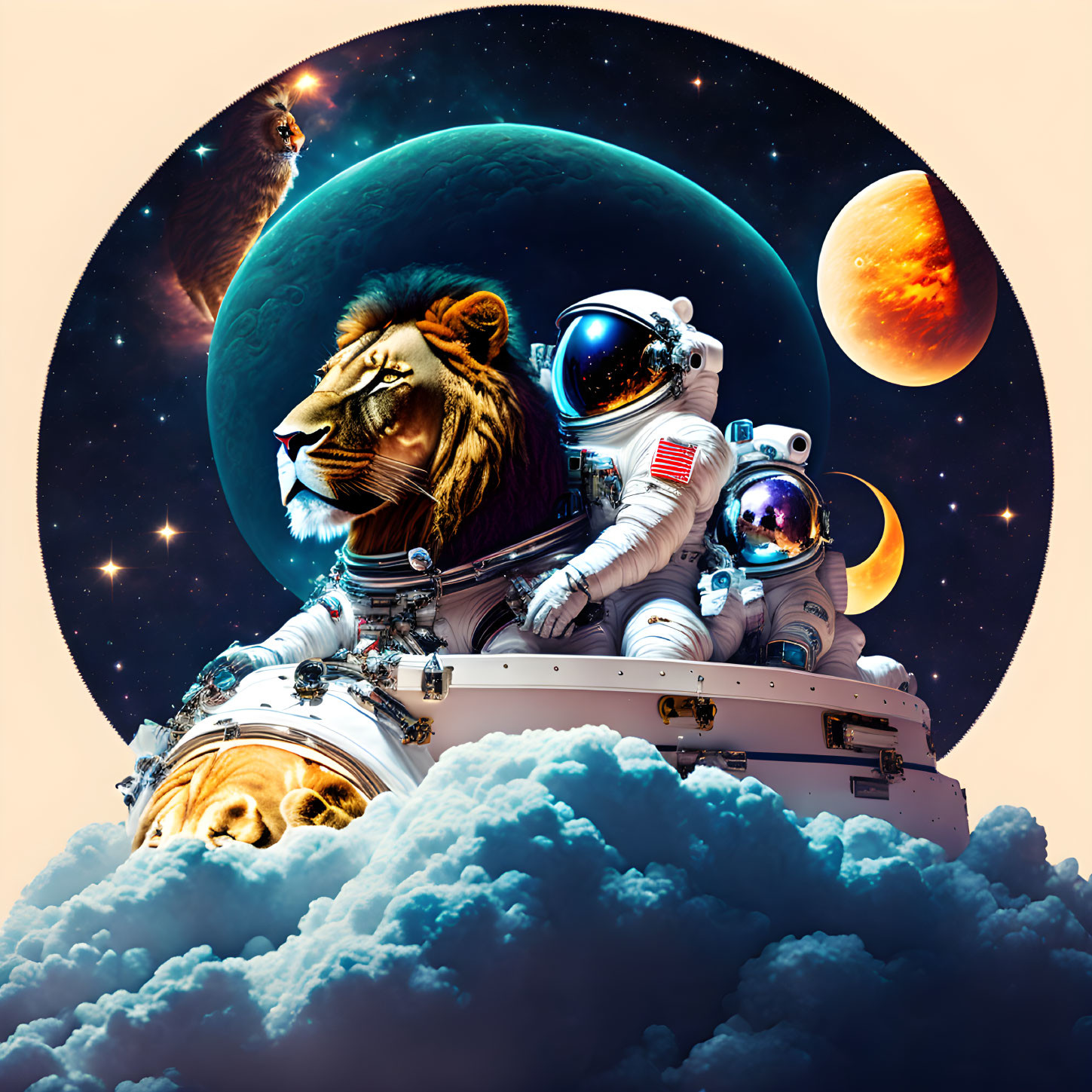 An astronaut rides a lion to Jupiter