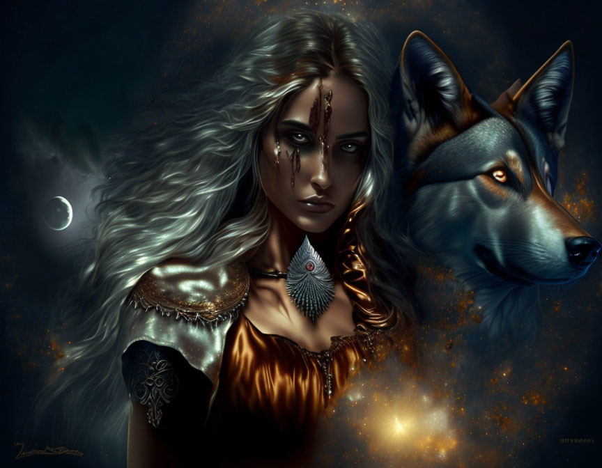 Fantasy illustration of woman with silver hair and wolf under starry sky