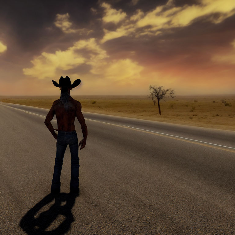Cowboy hat person on desolate road at sunset with dramatic sky.