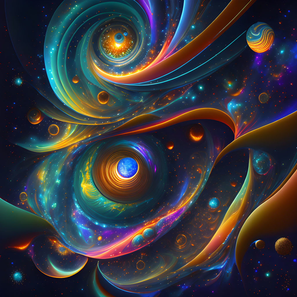 Colorful Digital Art: Swirling Galaxies and Celestial Bodies in Cosmic Dance