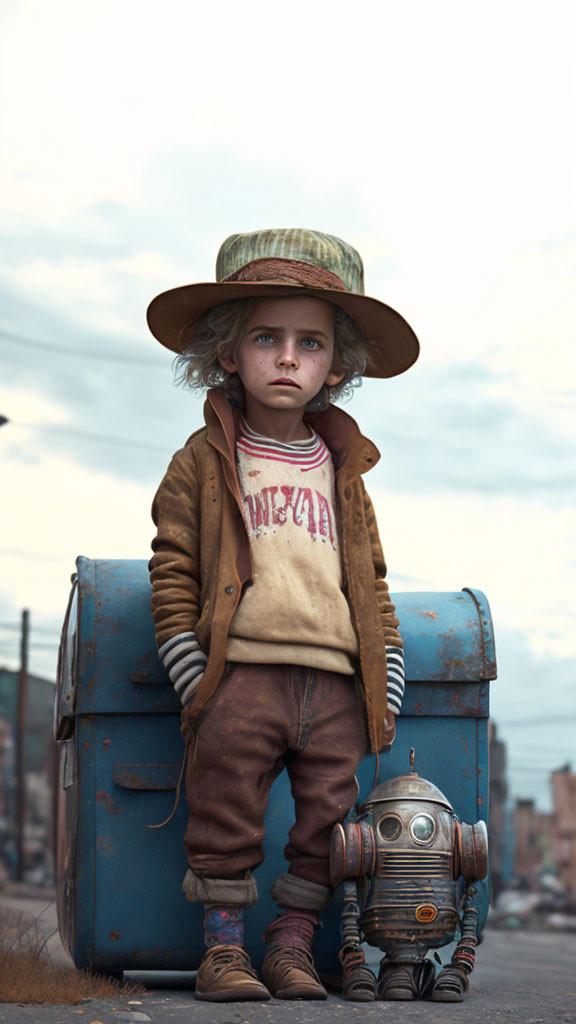 Child in oversized clothes with large hat and small robot against industrial backdrop