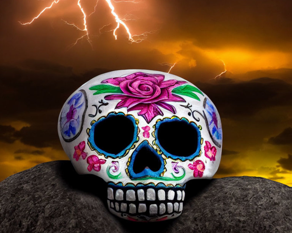 Colorful Painted Skull with Floral Designs Against Stormy Sky