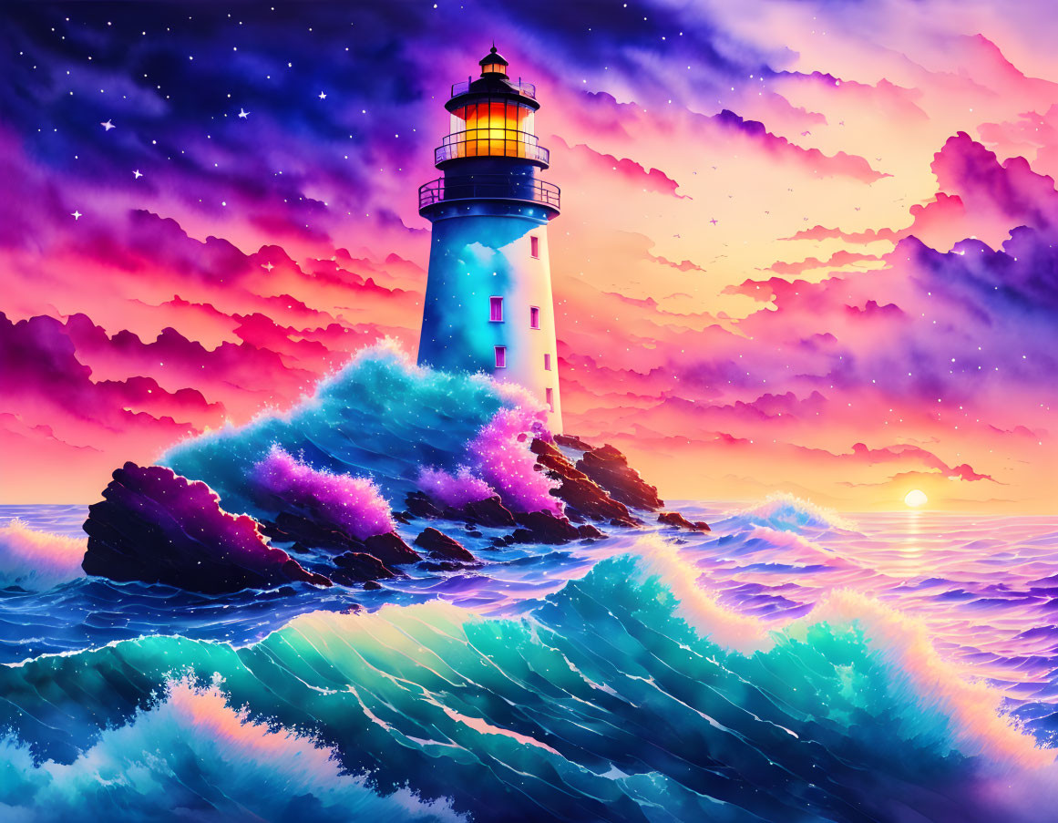Digital Artwork: Lighthouse at Sunset with Neon Waves