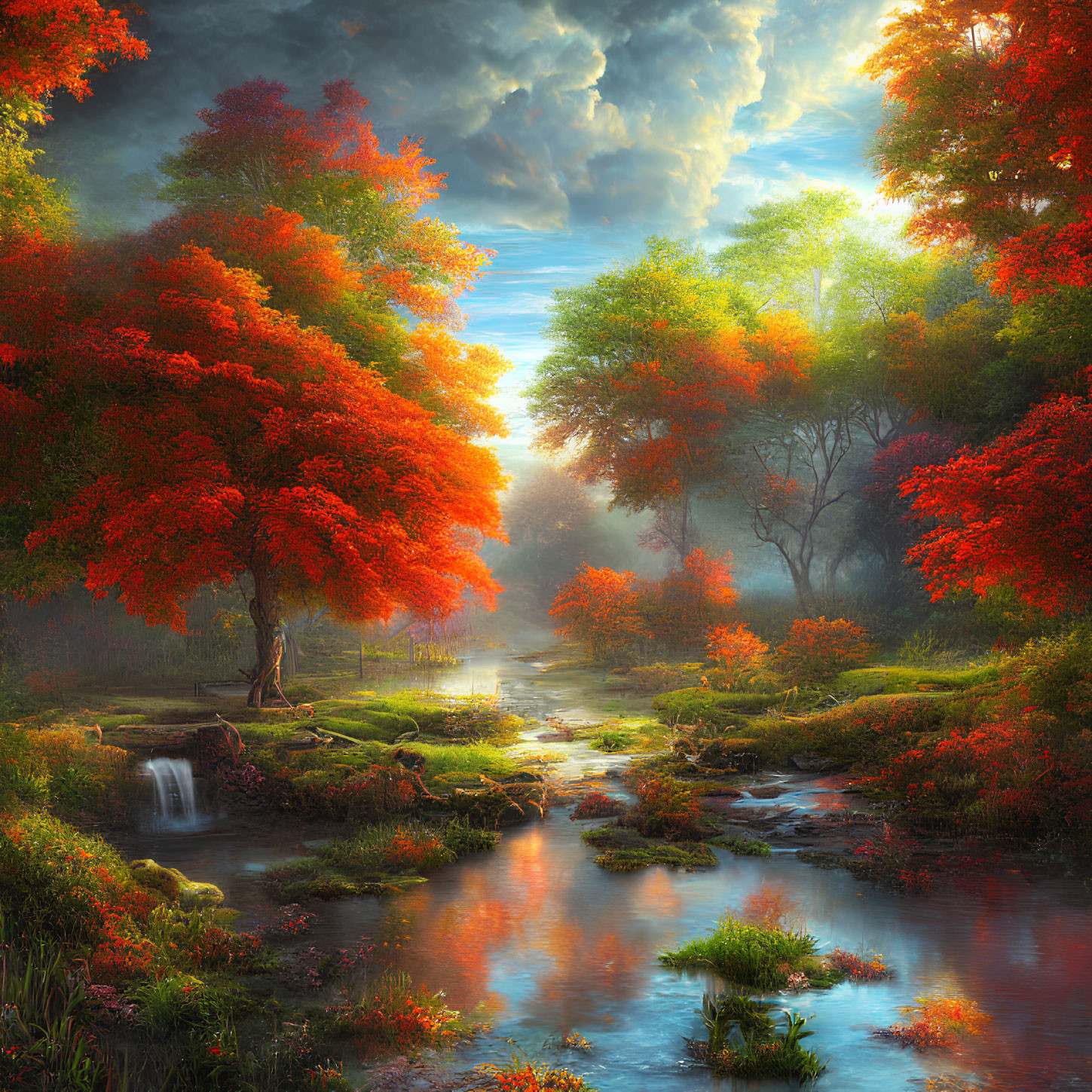 Tranquil autumn landscape with red-orange trees, stream, waterfall