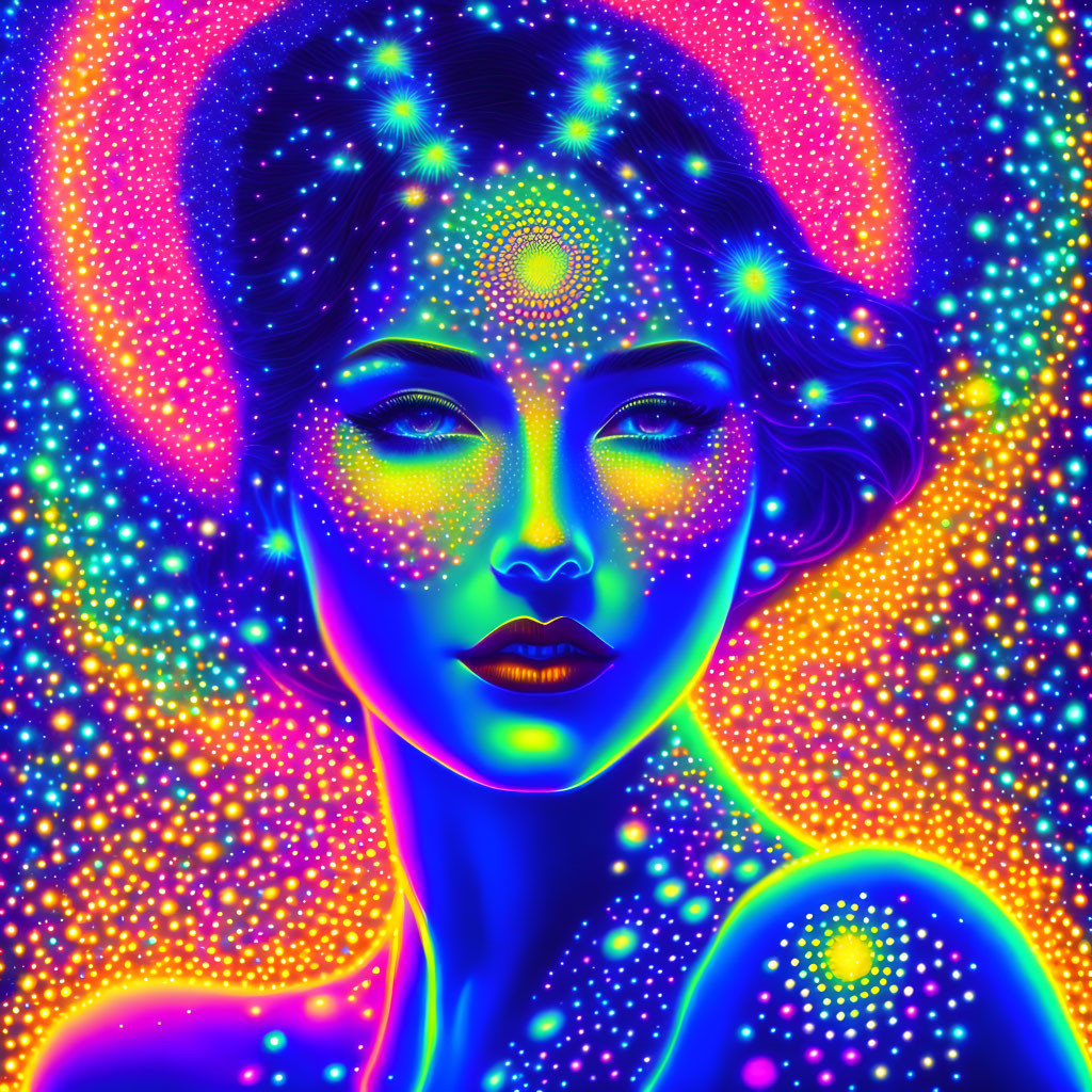 Colorful digital portrait of woman with cosmic neon dots and stars.