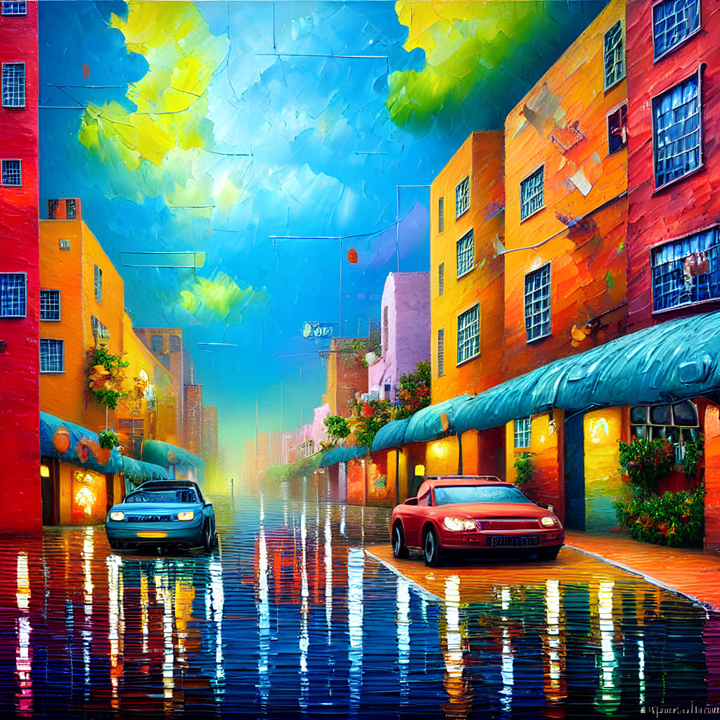 Colorful street scene with wet reflections, bright buildings, and surreal sky