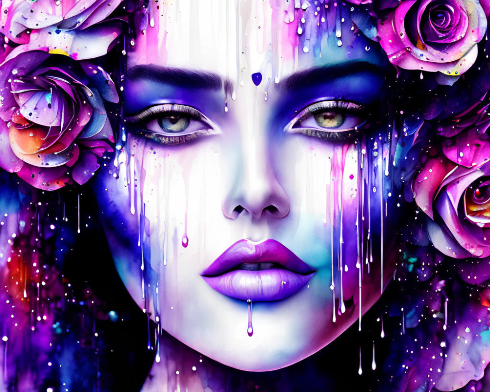 Colorful digital artwork: Woman's face in purple hues with multicolored roses and paint drips