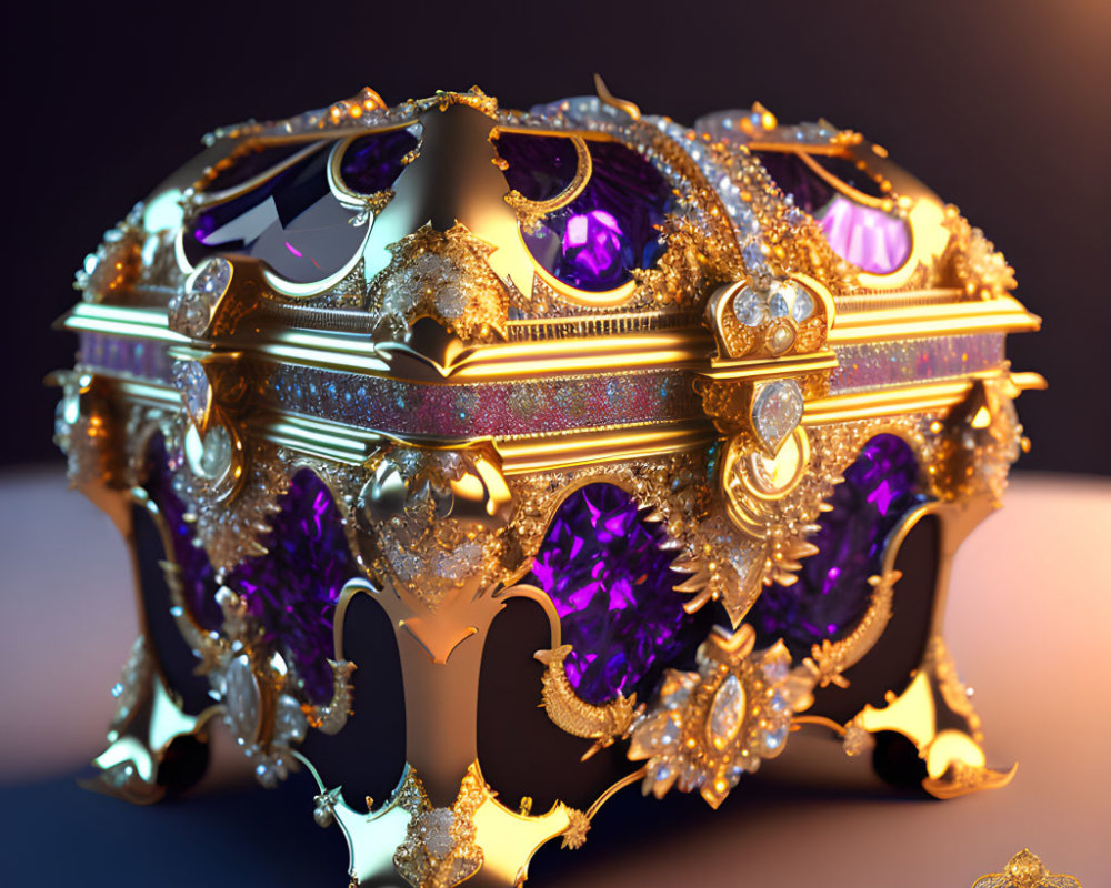 Golden Egg with Purple Gemstones and Filigree Under Dramatic Lighting