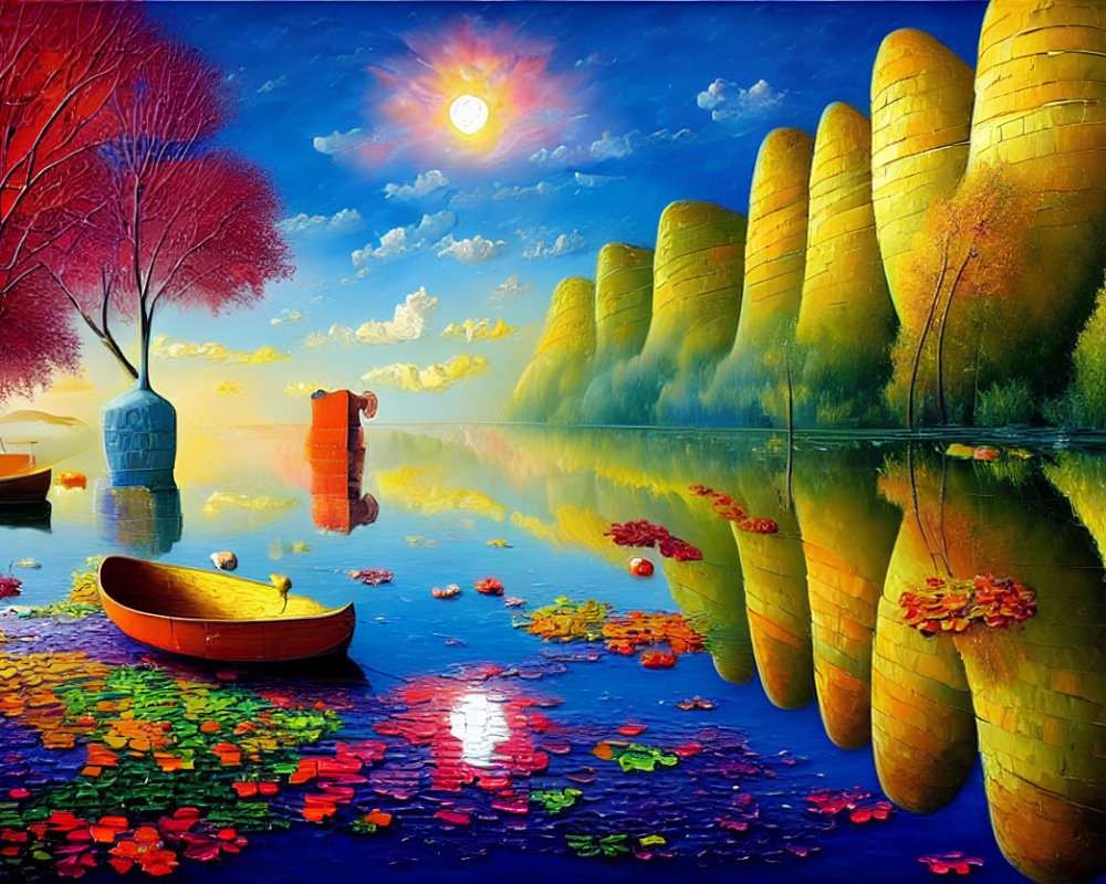 Vibrant landscape with giant yellow spirals, autumn trees, lake, boat, and floating mailbox