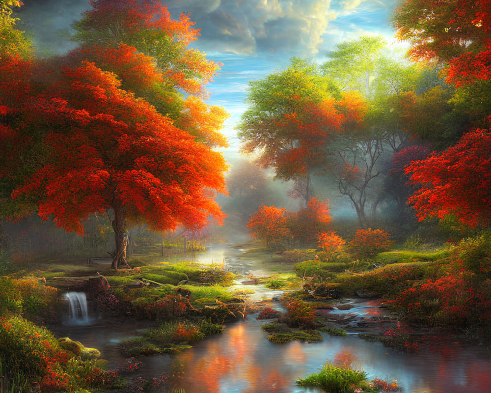 Tranquil autumn landscape with red-orange trees, stream, waterfall