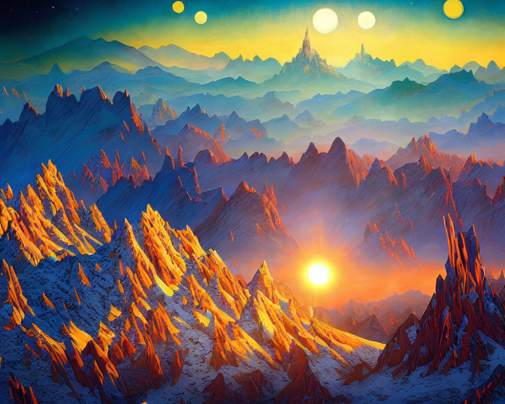 Surreal mountain landscape with multiple suns and starry sky