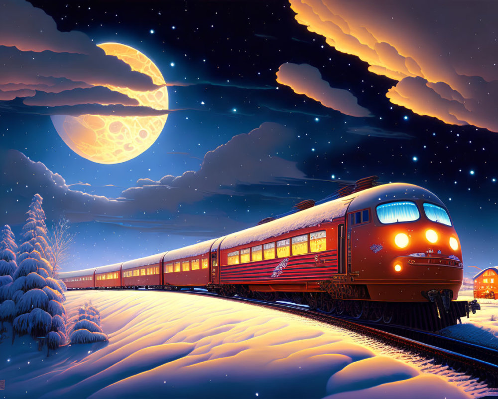 Vintage Train Night Scene in Snowy Landscape