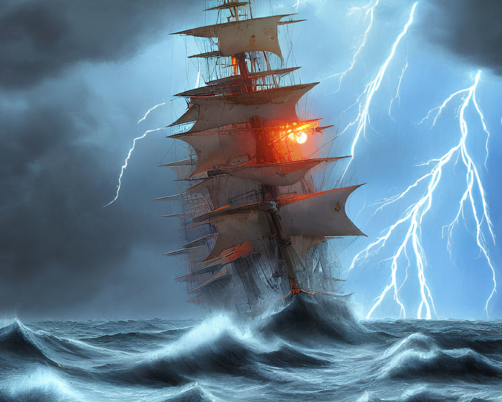 Stormy seas: Tall ship battles lightning storm with blazing fire