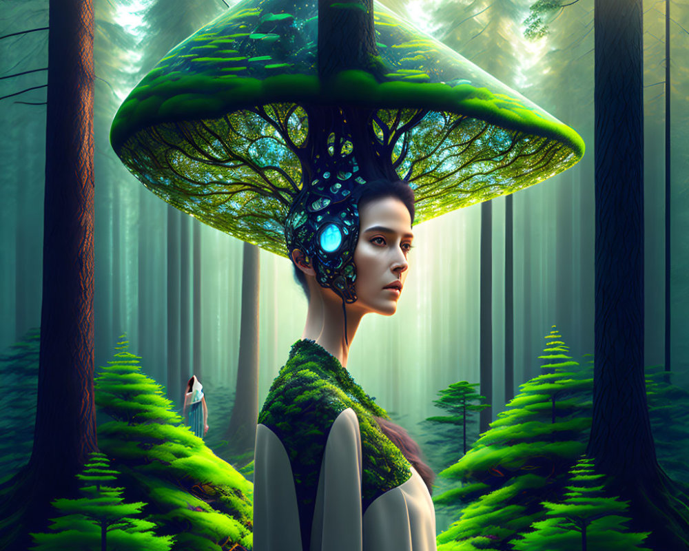 Surreal portrait of woman with mushroom cap headpiece in forest