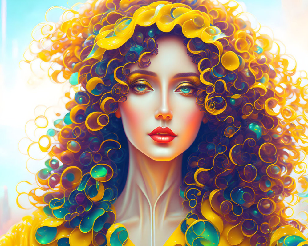 Colorful digital artwork: Woman with yellow curls and makeup in cityscape.