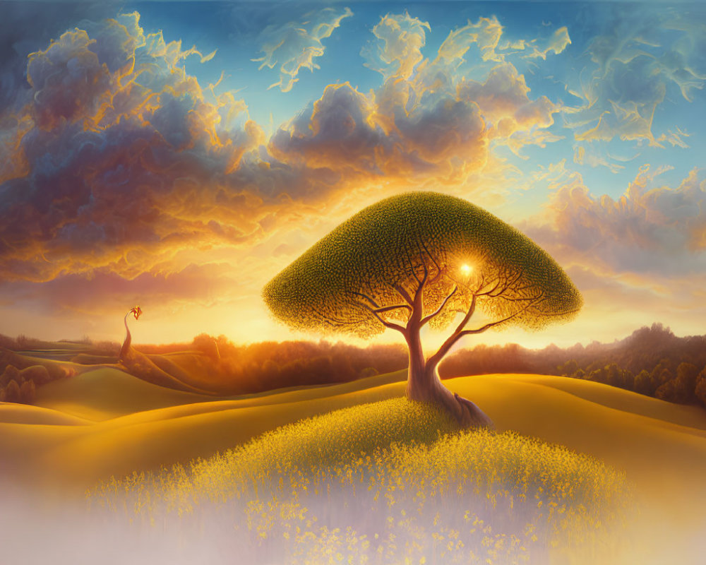 Vibrant sunrise over surreal landscape with lone tree