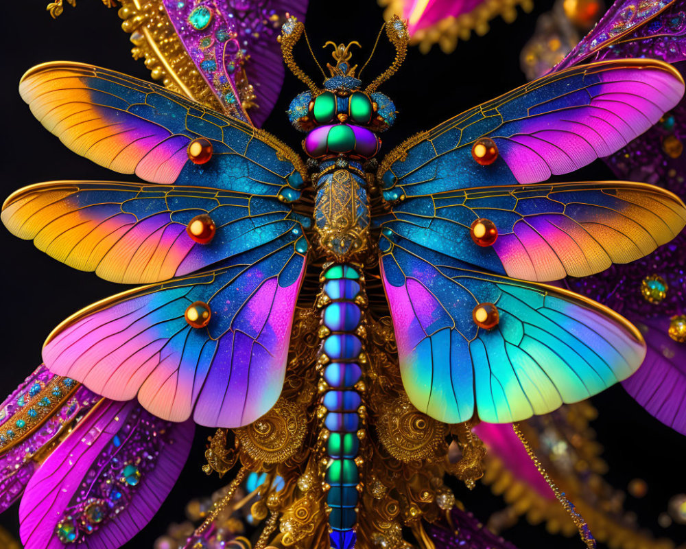 Colorful Jewel-Encrusted Dragonfly in Blue, Purple, and Gold Hues