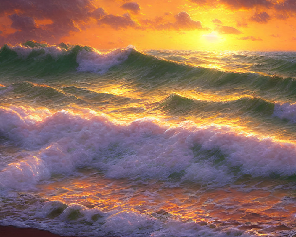 Vibrant sunset over crashing waves and golden sky