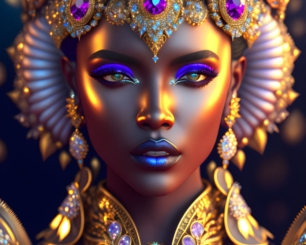 Exquisite digital artwork: Woman with golden headdress and jewelry