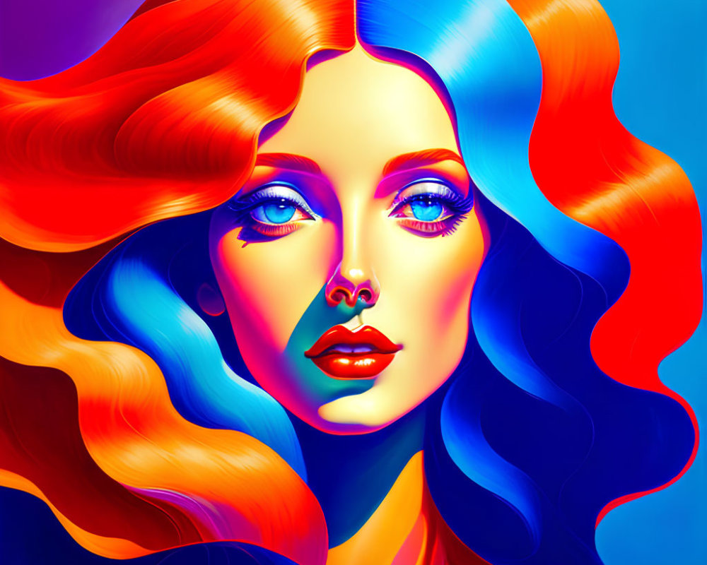 Colorful digital portrait of a woman with red and blue hair, blue eyes, and red lips on