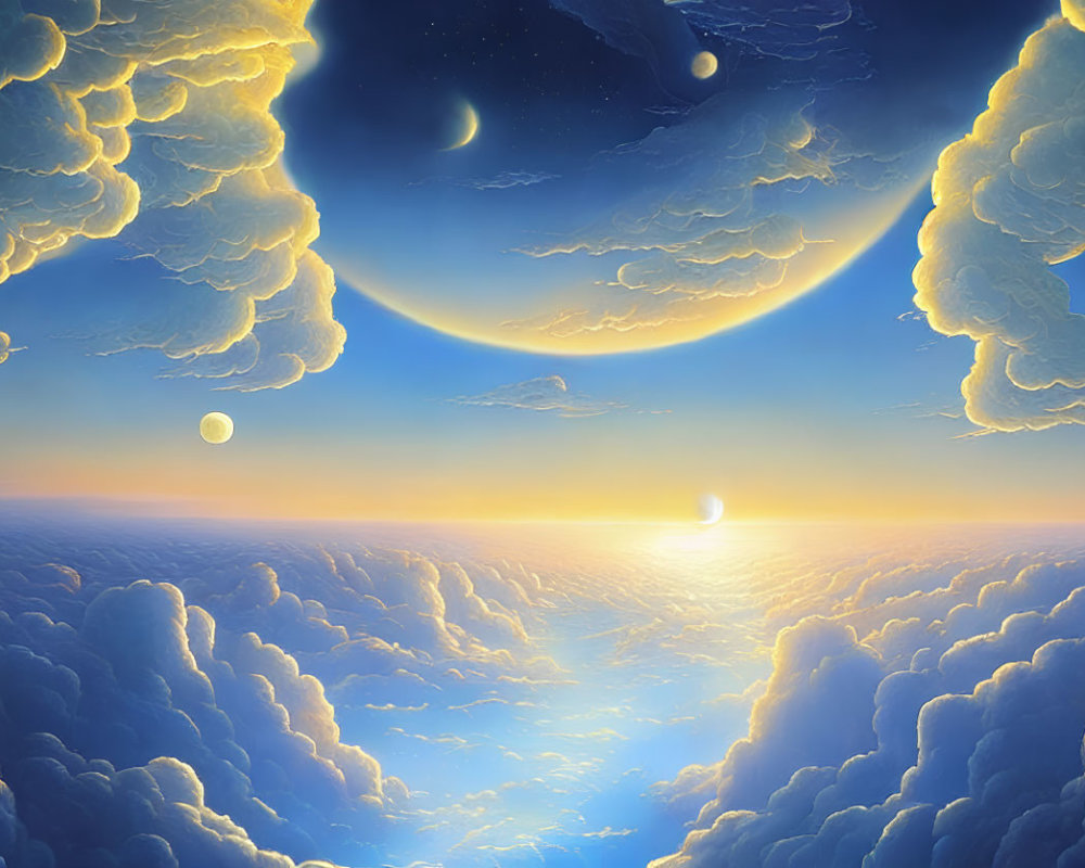 Surreal landscape with multiple moons, sun, fluffy clouds