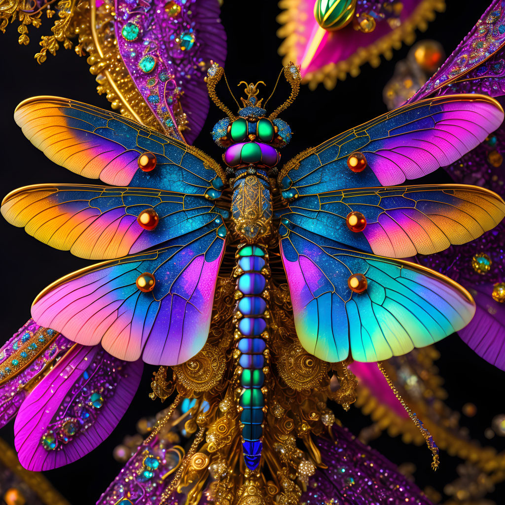 Colorful Jewel-Encrusted Dragonfly in Blue, Purple, and Gold Hues