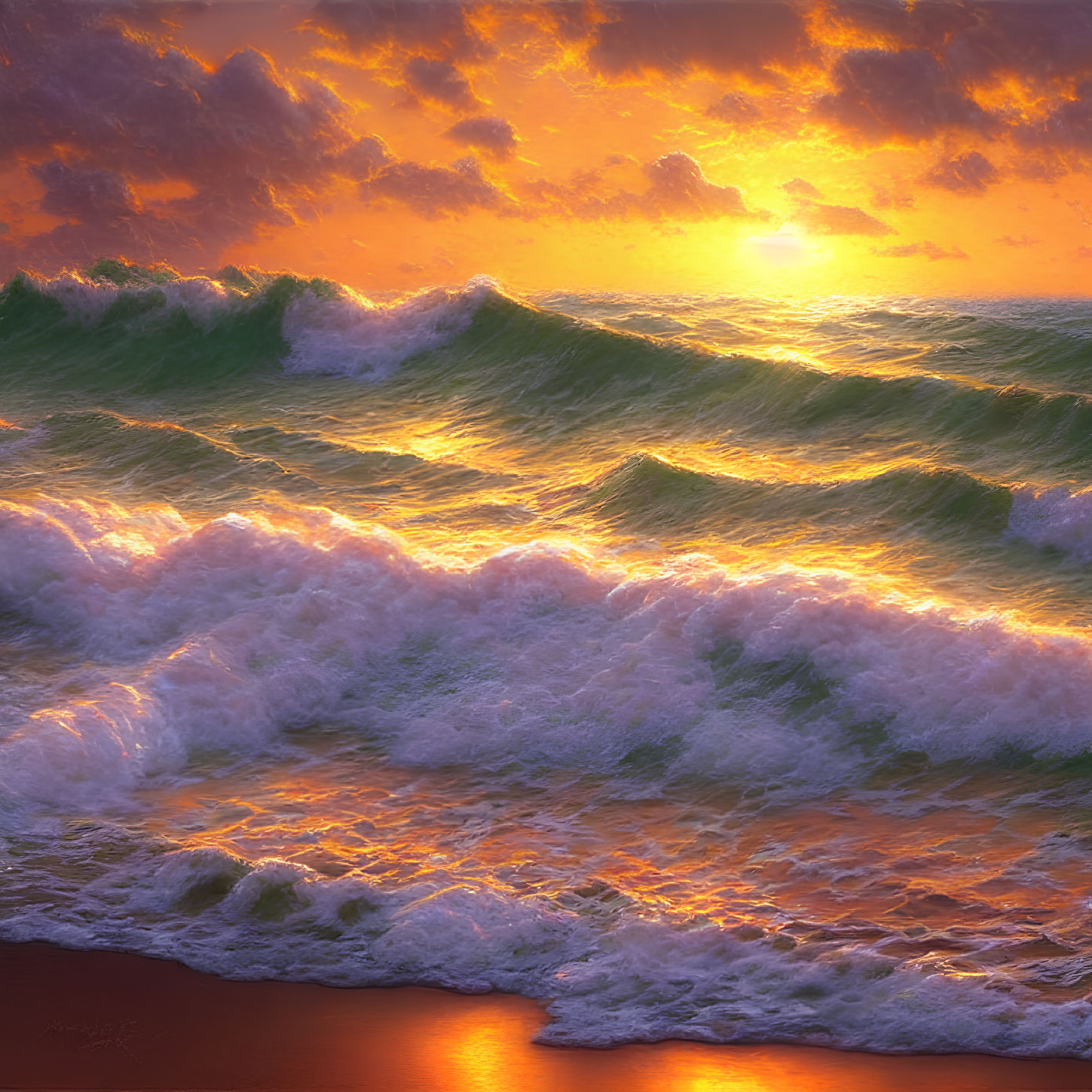 Vibrant sunset over crashing waves and golden sky