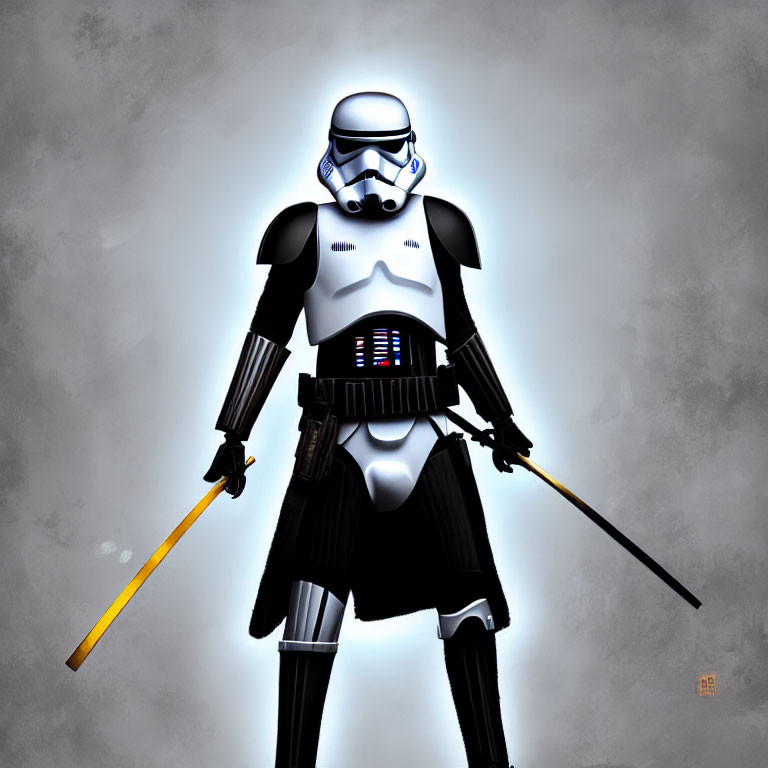 Dual-wielding stormtrooper in white and black armor with yellow lightsaber and black sword against grey