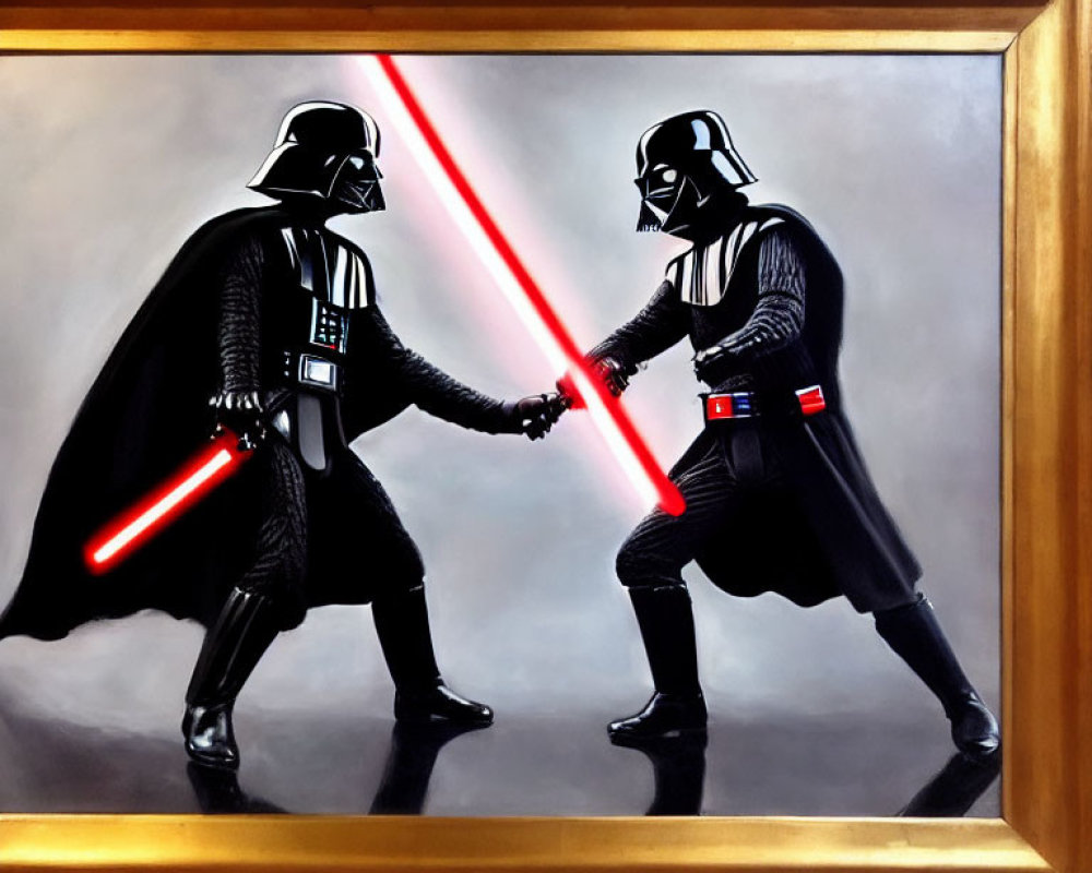 Two Darth Vader-like figures with crossed red lightsabers in golden frame