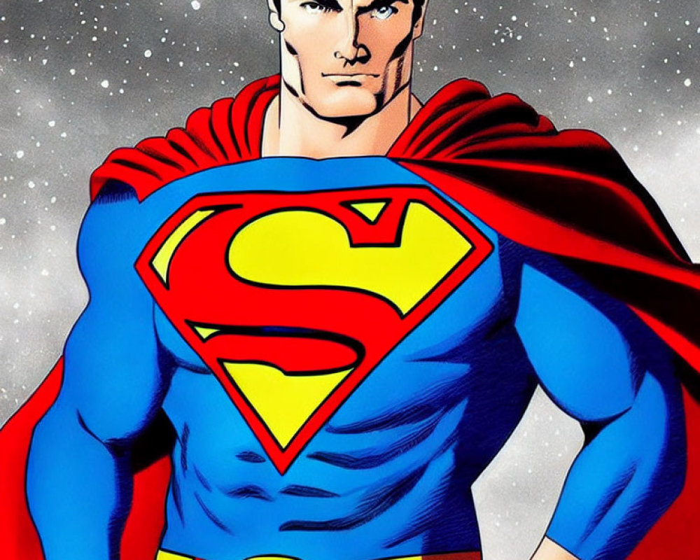 Superman illustration with red cape, blue suit, and 'S' emblem against starry sky