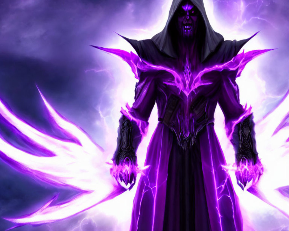 Hooded figure with glowing purple eyes summoning arcane energy