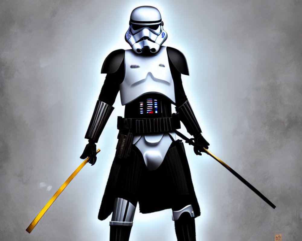 Dual-wielding stormtrooper in white and black armor with yellow lightsaber and black sword against grey