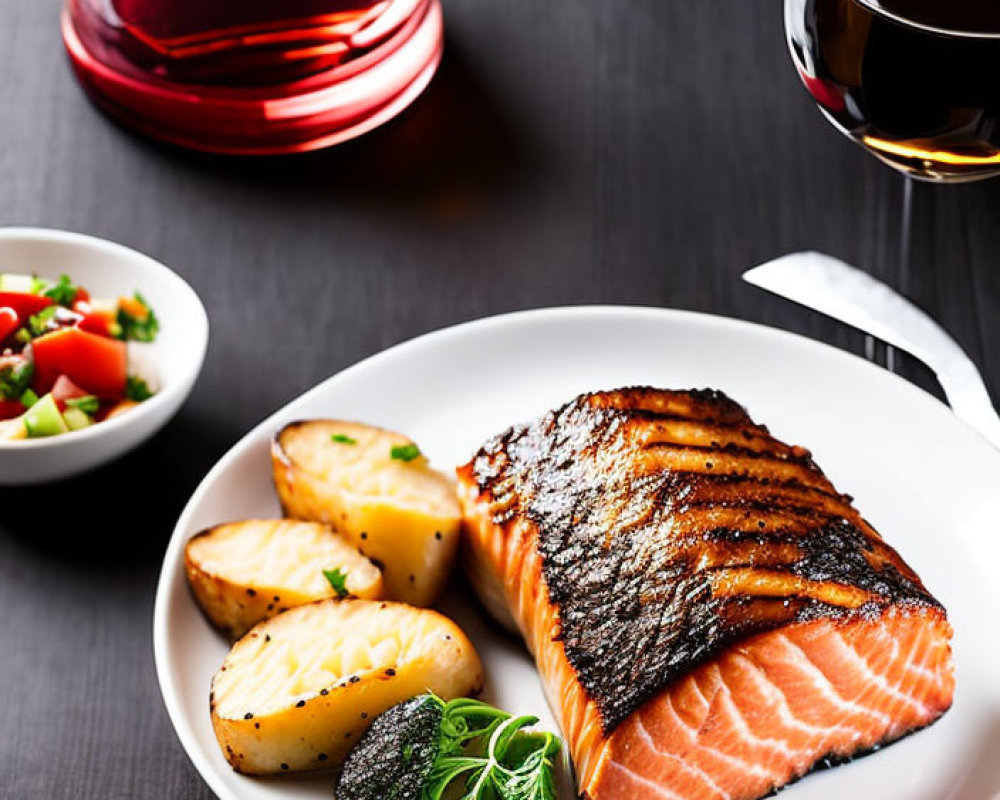 Salmon fillet with herbs, lemon, roasted potatoes, salad, and red wine on table