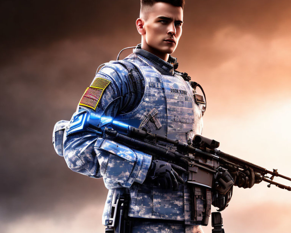 Person in Digital Camouflage Uniform with Rifle Under Dramatic Sky
