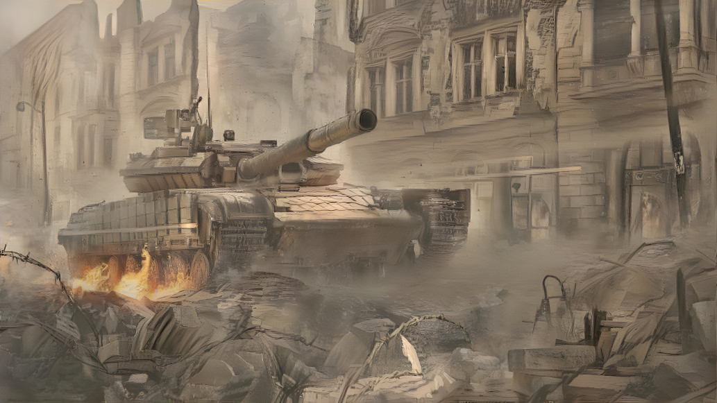 Tank advancing in a crumbled street