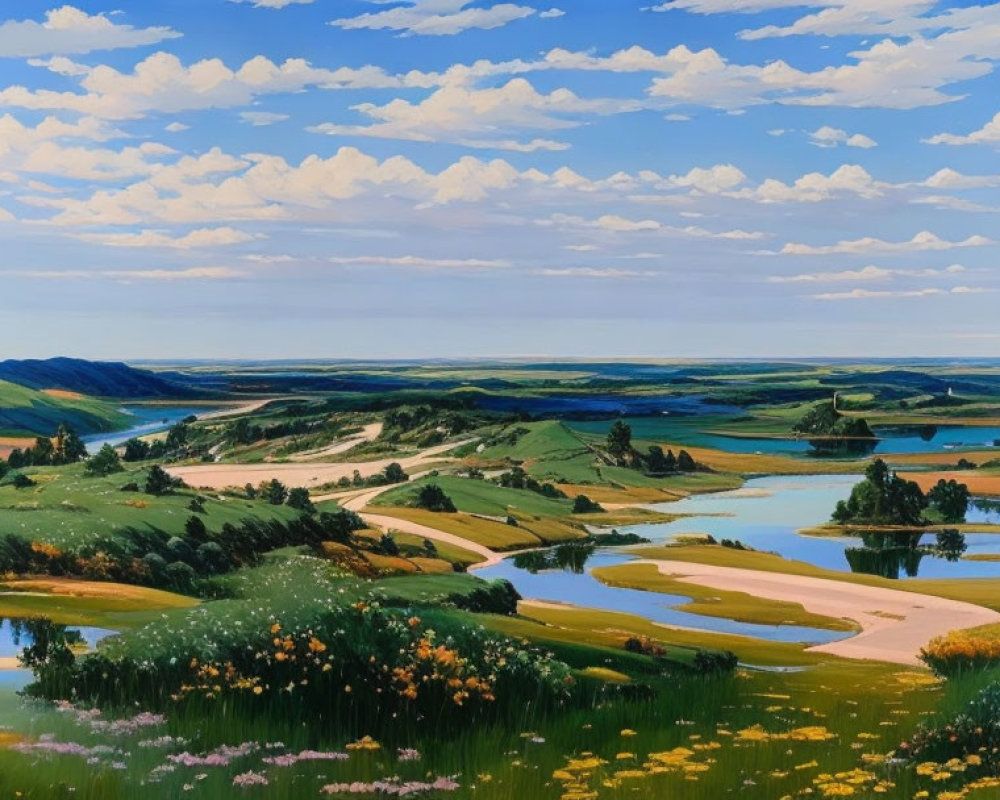 Colorful Landscape Painting with Rolling Hills, River, Trees, and Wildflowers