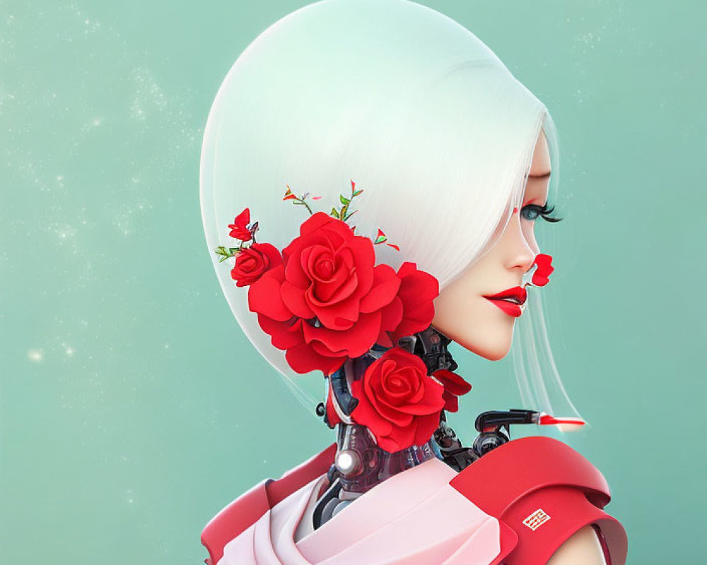 Female figure with white hair and red flowers in futuristic outfit on mint green background