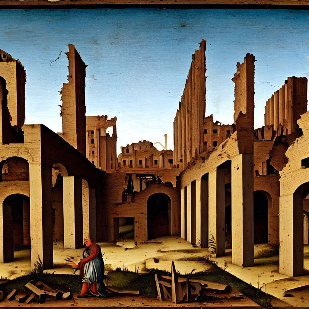 Ruined cityscape painting with figure in red and blue clothing