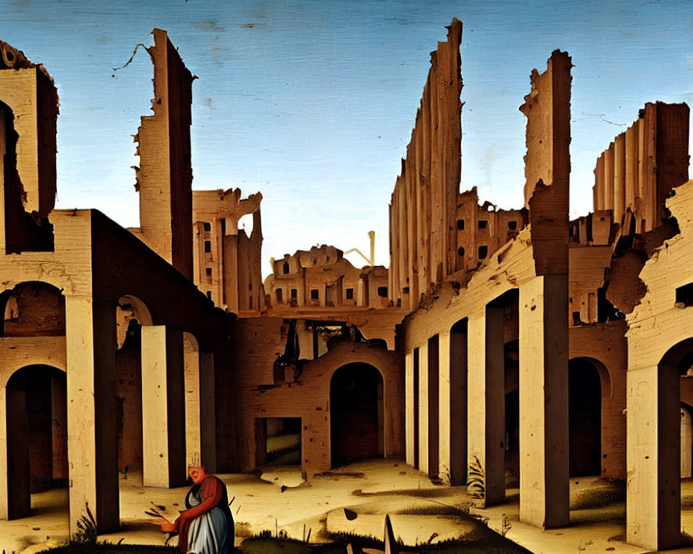Ruined cityscape painting with figure in red and blue clothing