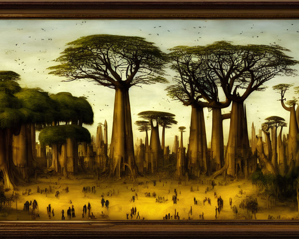 Ancient forest painting with towering trees and small figures