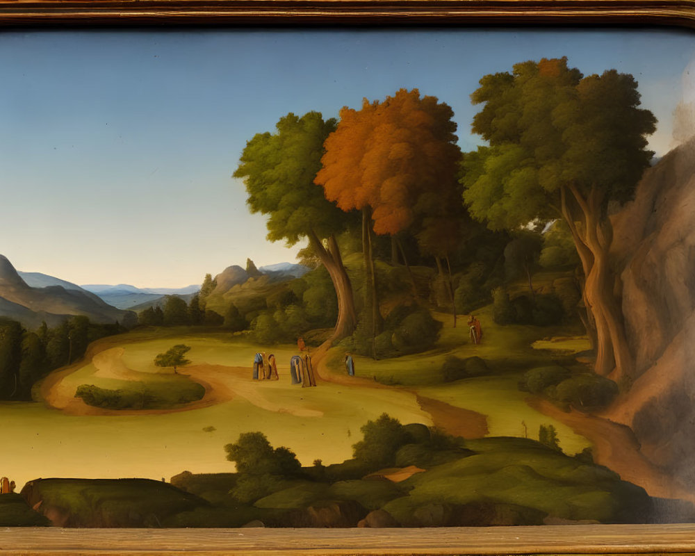 Tranquil landscape painting of a vast valley with people, autumn trees, hills, mountains, and