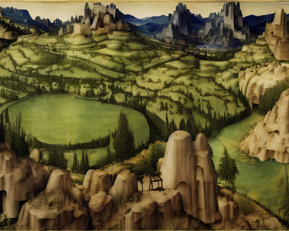 Fantastical landscape with rolling hills, castle, and magic