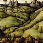 Fantastical landscape with rolling hills, castle, and magic