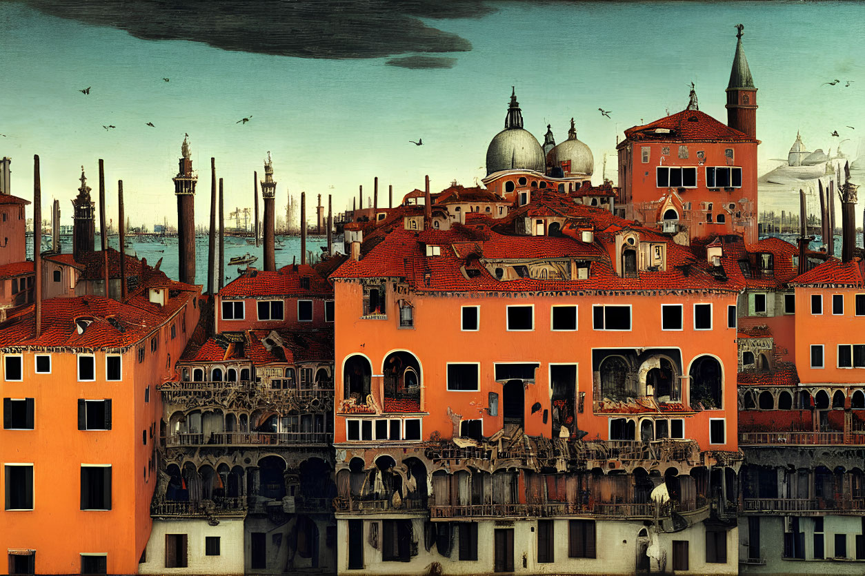 Renaissance painting: Venice cityscape with canal and period attire