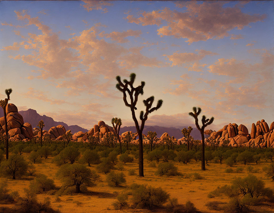 Tranquil desert landscape with Joshua Trees and mountains at golden hour